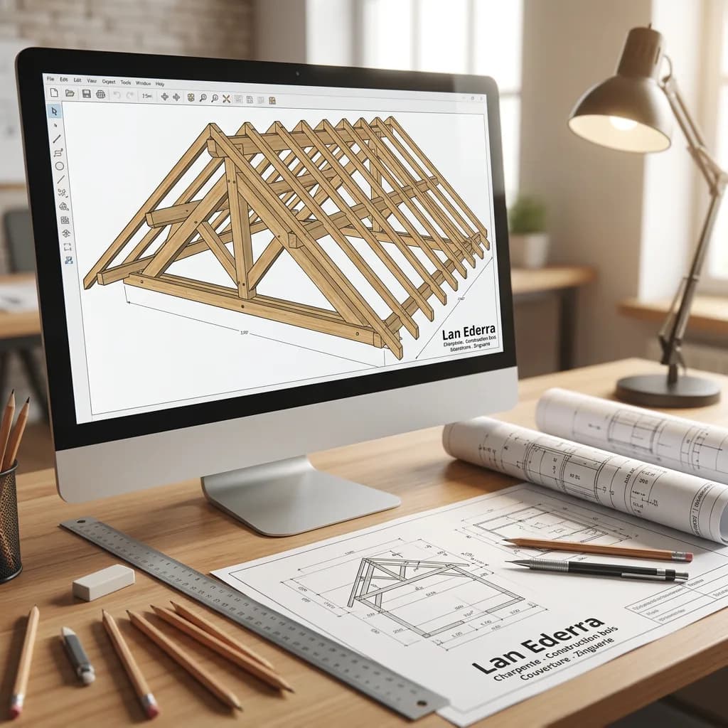 Plans techniques de charpente 3D conçus en interne par le dessinateur de Lan Ederra